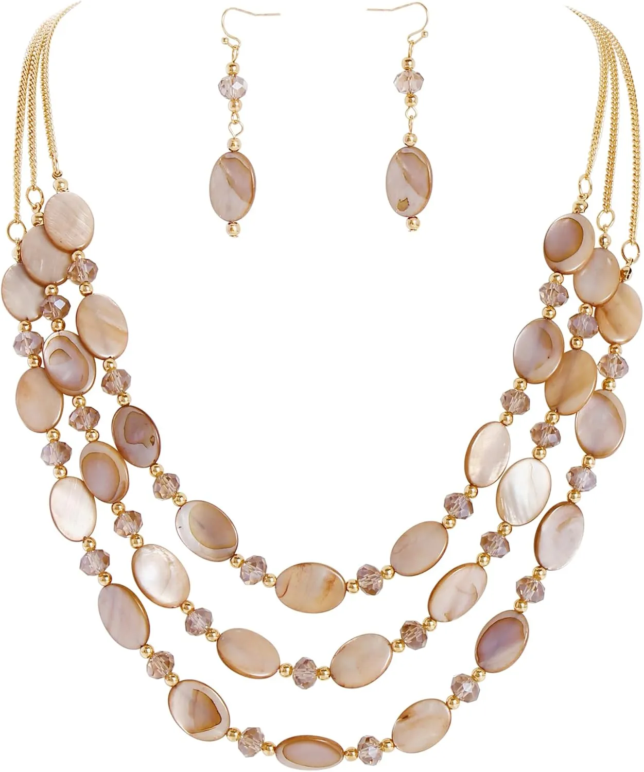 Firstmeet 3 Layered Beaded Necklace Set with Earrings Oval Shell Beads Jewelry Gift for Women