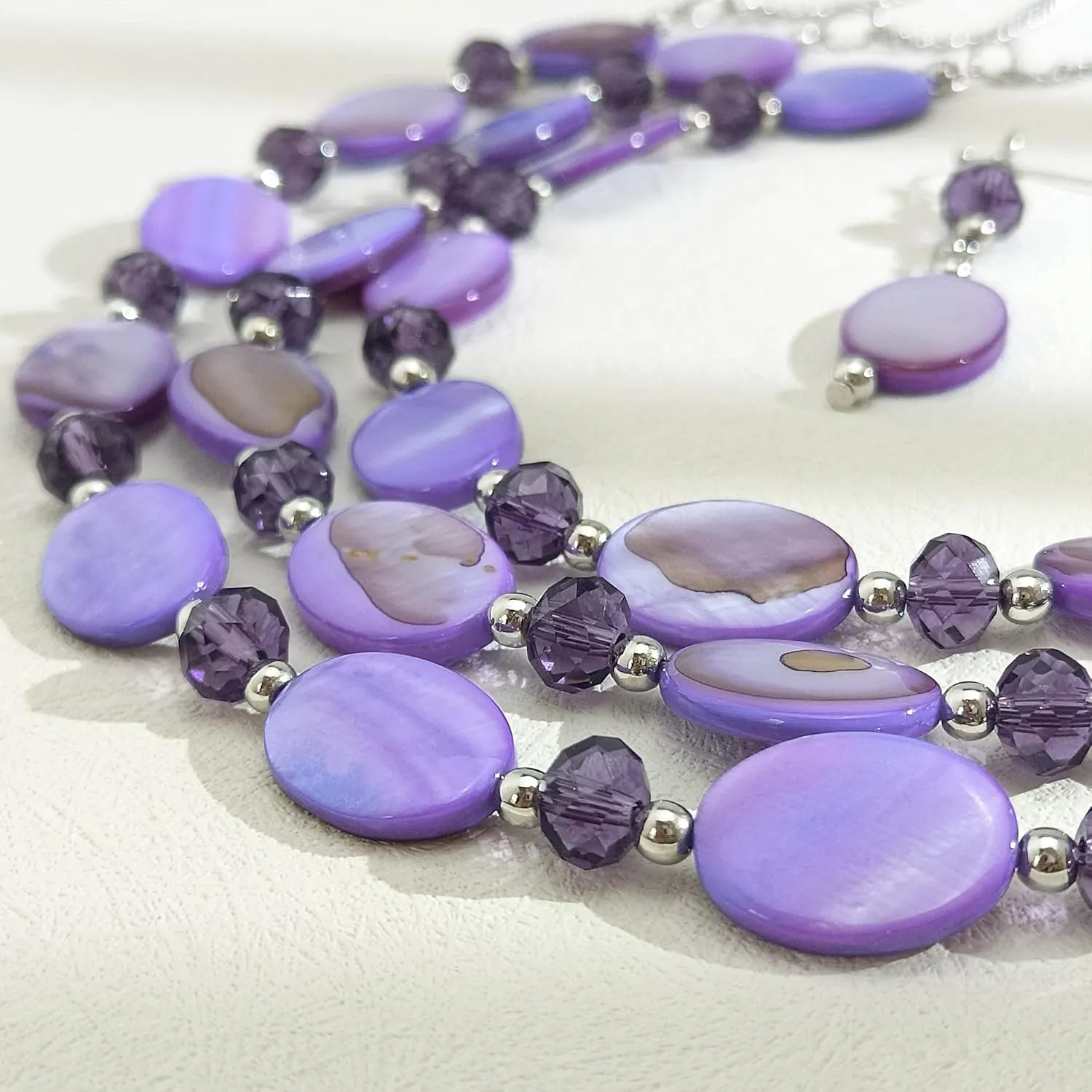 Firstmeet 3 Layered Beaded Necklace Set with Earrings Oval Shell Beads Jewelry Gift for Women