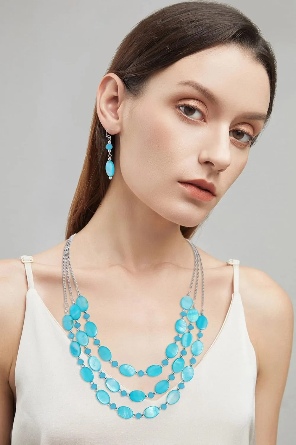 Firstmeet 3 Layered Beaded Necklace Set with Earrings Oval Shell Beads Jewelry Gift for Women