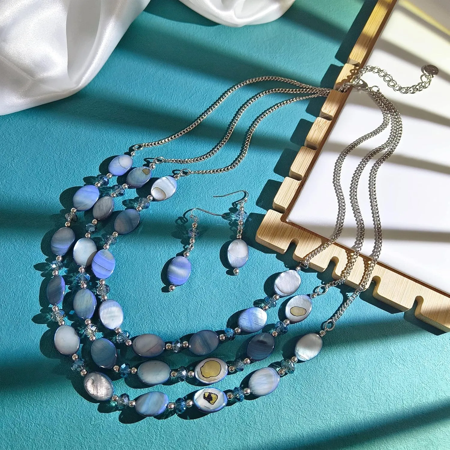 Firstmeet 3 Layered Beaded Necklace Set with Earrings Oval Shell Beads Jewelry Gift for Women
