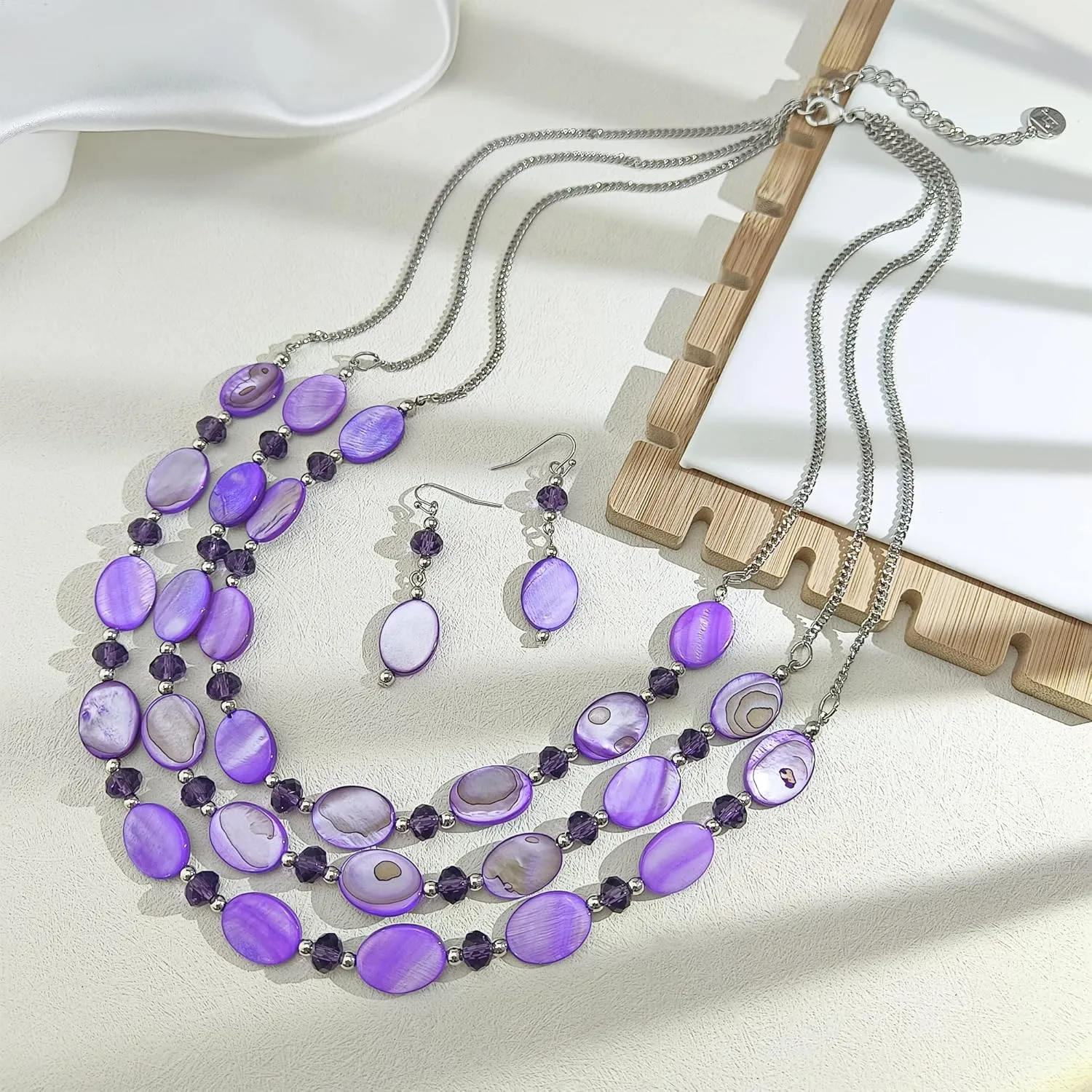 Firstmeet 3 Layered Beaded Necklace Set with Earrings Oval Shell Beads Jewelry Gift for Women