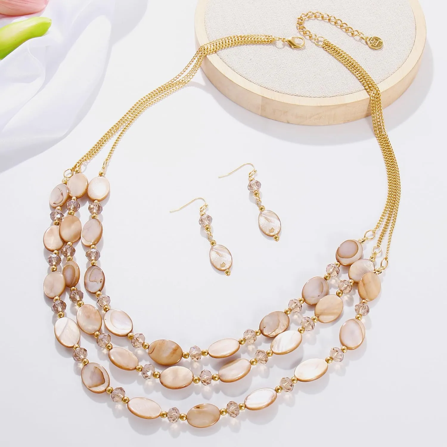 Firstmeet 3 Layered Beaded Necklace Set with Earrings Oval Shell Beads Jewelry Gift for Women