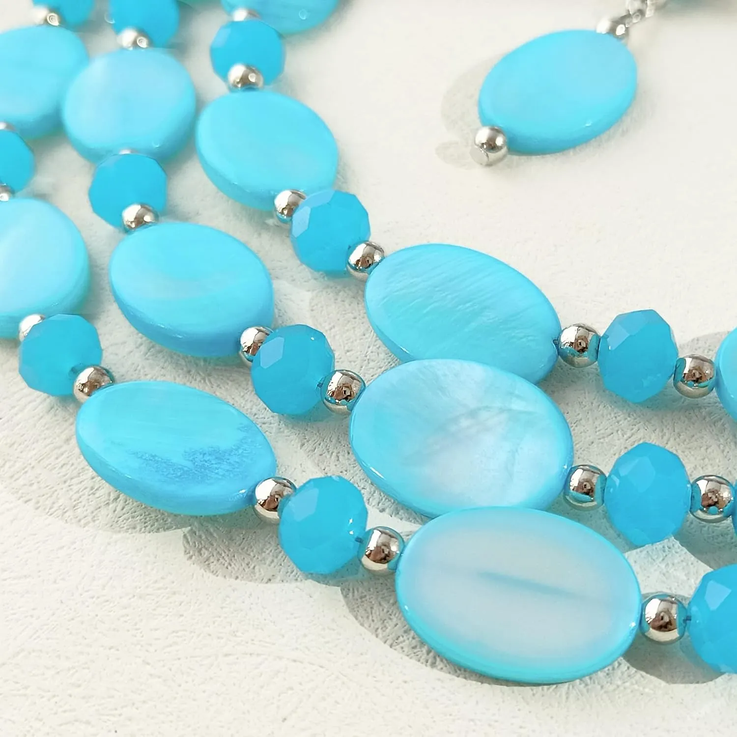 Firstmeet 3 Layered Beaded Necklace Set with Earrings Oval Shell Beads Jewelry Gift for Women
