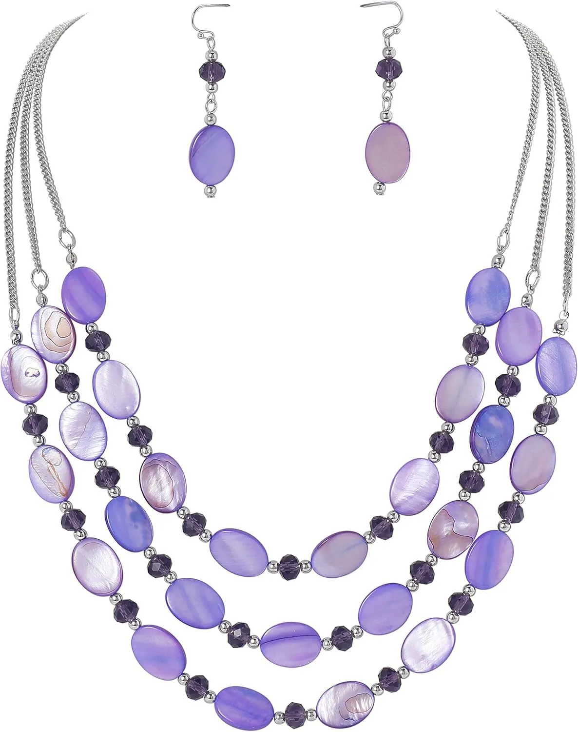 Firstmeet 3 Layered Beaded Necklace Set with Earrings Oval Shell Beads Jewelry Gift for Women