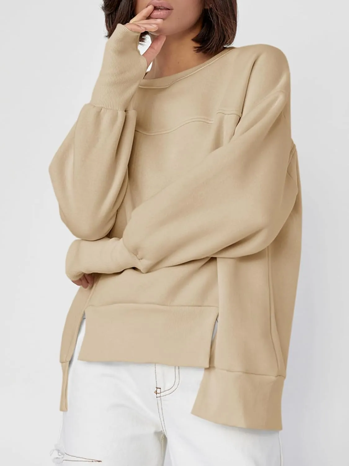 Fisoew Women's Crew Neck Sweatshirts Fall Long Sleeve Casual Loose Side Slit Pullover Top with Thumbhole