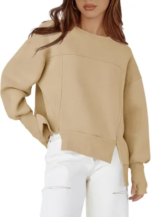 Fisoew Women's Crew Neck Sweatshirts Fall Long Sleeve Casual Loose Side Slit Pullover Top with Thumbhole