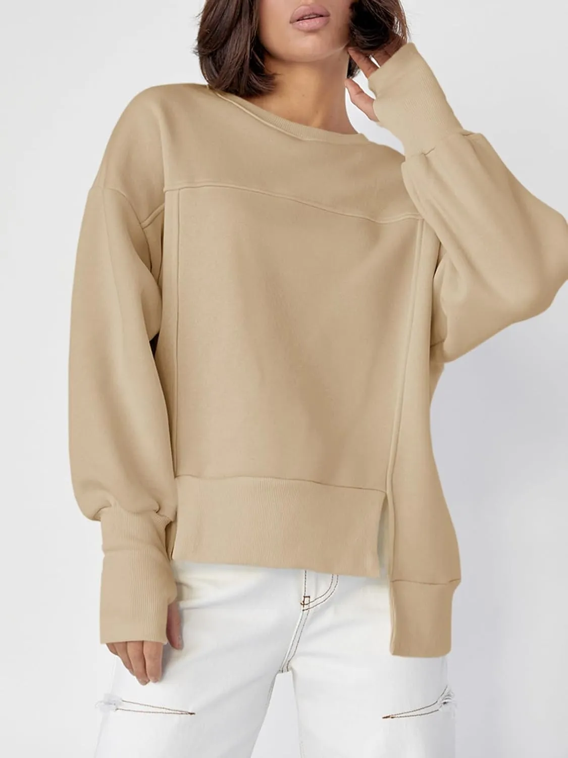 Fisoew Women's Crew Neck Sweatshirts Fall Long Sleeve Casual Loose Side Slit Pullover Top with Thumbhole