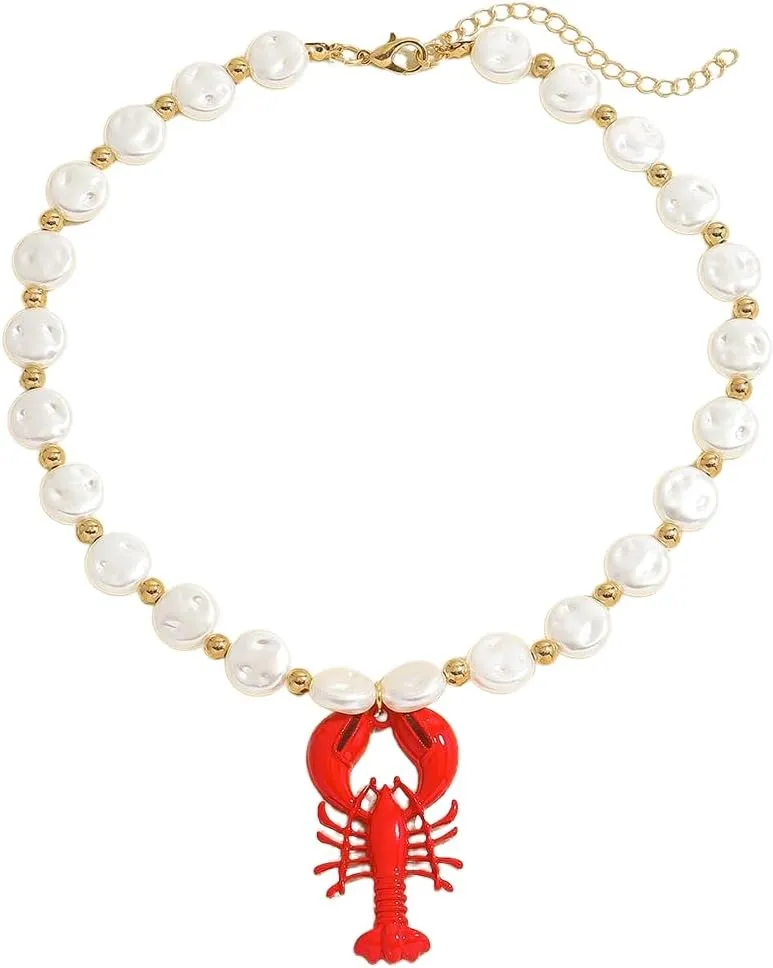 Flat Pearl Crawfish Pendant Necklace for Women, Minimalist Beaded Pearls Lobster Necklaces Jewelry Gift for Summer Beach Birthday Anniversary