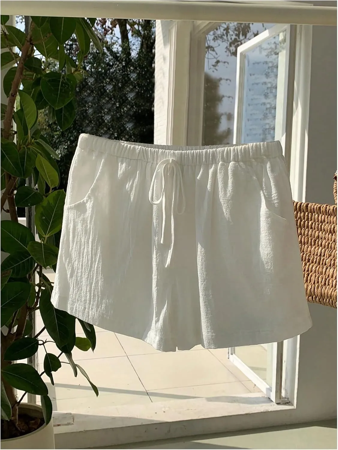 Floerns Women's Elastic Waist Double Layered Linen Shorts Knot Front Casual Loose Shorts
