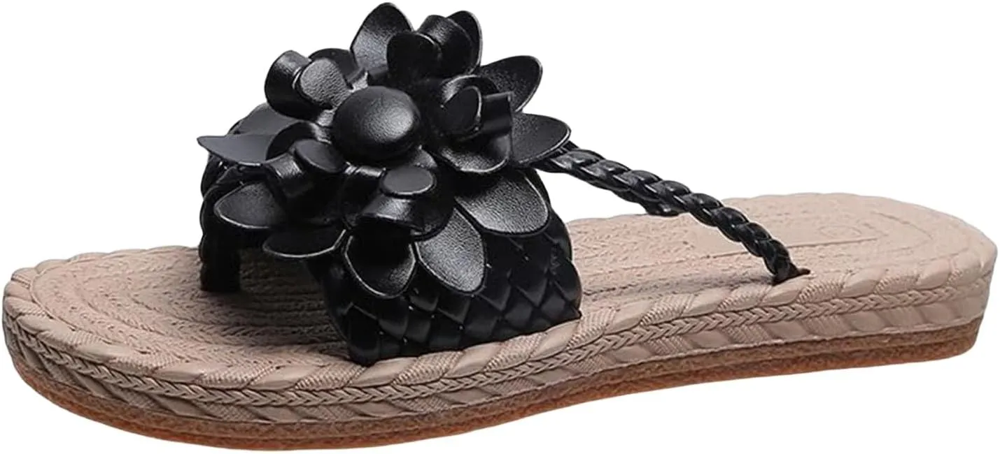 Flower Sandals For Women, Summer Women Trendy Womens Floral 2025 Flat Sandals Fashion Braided Comfortable Slip On Flip Flops Boho Slide Outdoor Beach Casual Slippers Elegant Walking Shoes