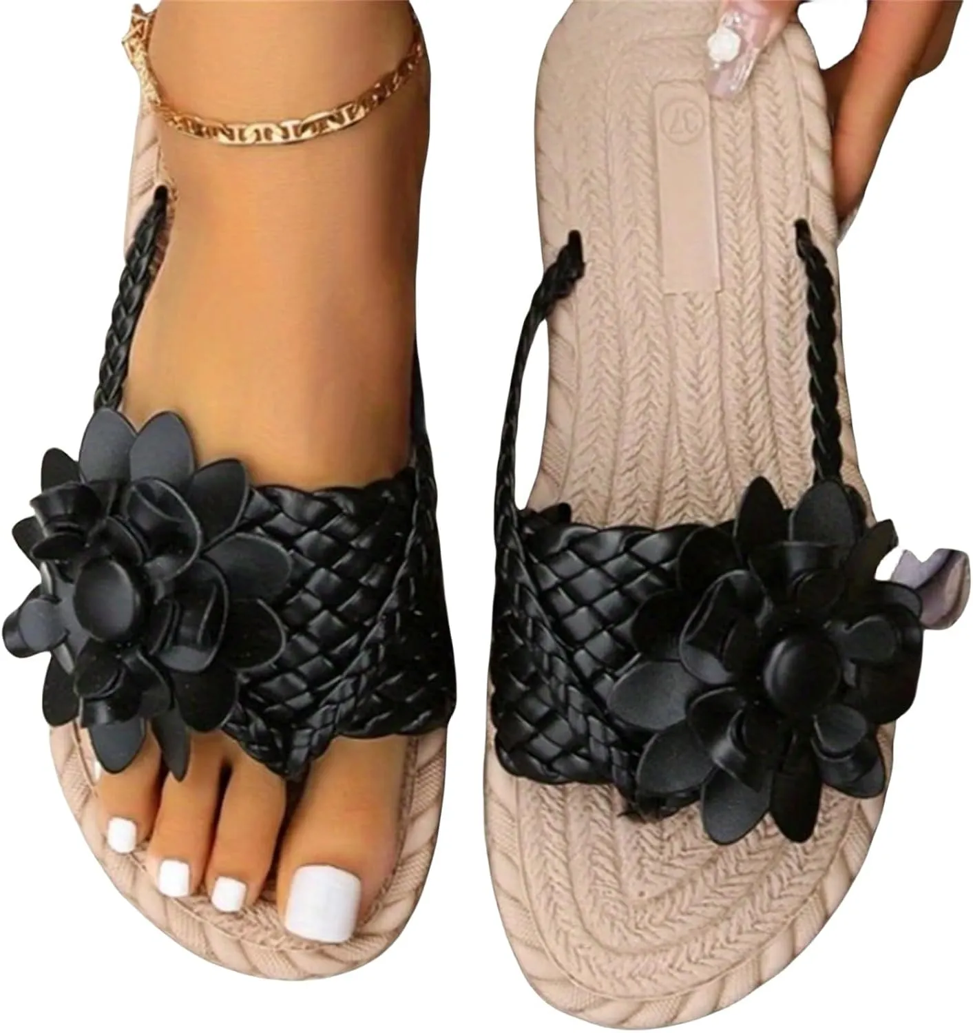 Flower Sandals For Women, Summer Women Trendy Womens Floral 2025 Flat Sandals Fashion Braided Comfortable Slip On Flip Flops Boho Slide Outdoor Beach Casual Slippers Elegant Walking Shoes