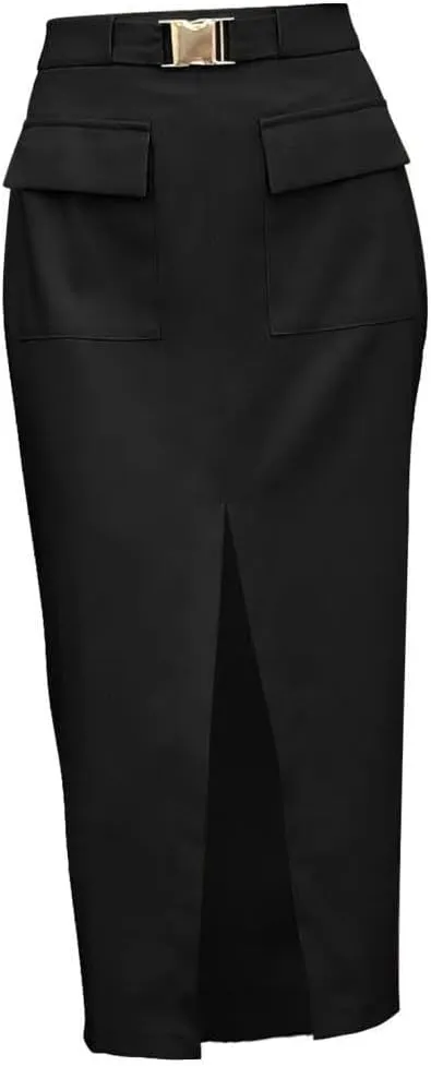 FMCHICO Women High Waisted Cargo Midi Skirt Trendy Summer Fall Pencil Slit Dressy Casual Business Work Skirts with Pockets