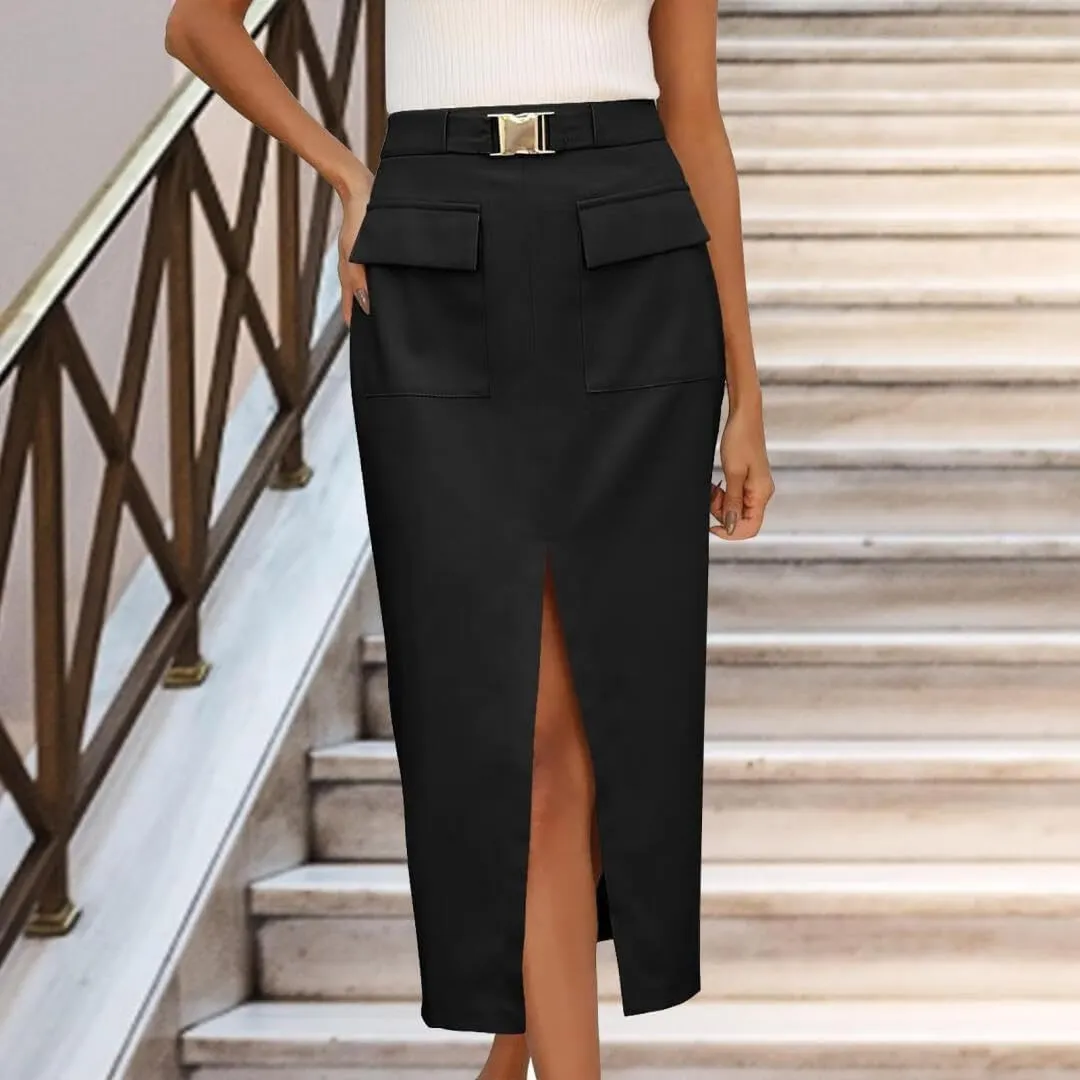 FMCHICO Women High Waisted Cargo Midi Skirt Trendy Summer Fall Pencil Slit Dressy Casual Business Work Skirts with Pockets