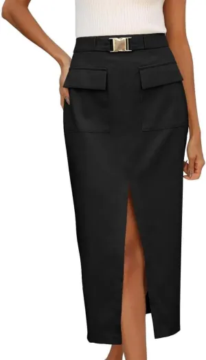 FMCHICO Women High Waisted Cargo Midi Skirt Trendy Summer Fall Pencil Slit Dressy Casual Business Work Skirts with Pockets