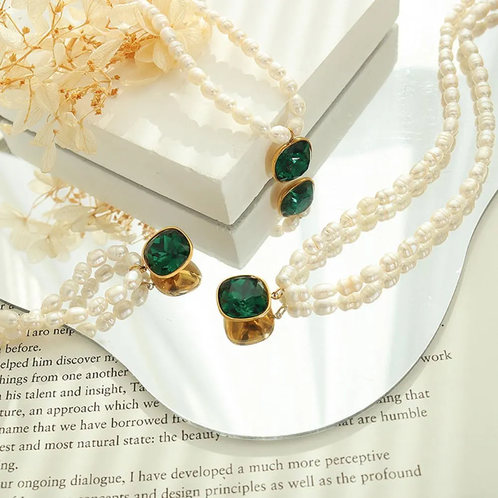 Freshwater Cultured Pearl Necklace Green Aventurine Blue Turquoise Dainty Choker Rice Pearl Strand Stainless Steel Jewelry Gifts
