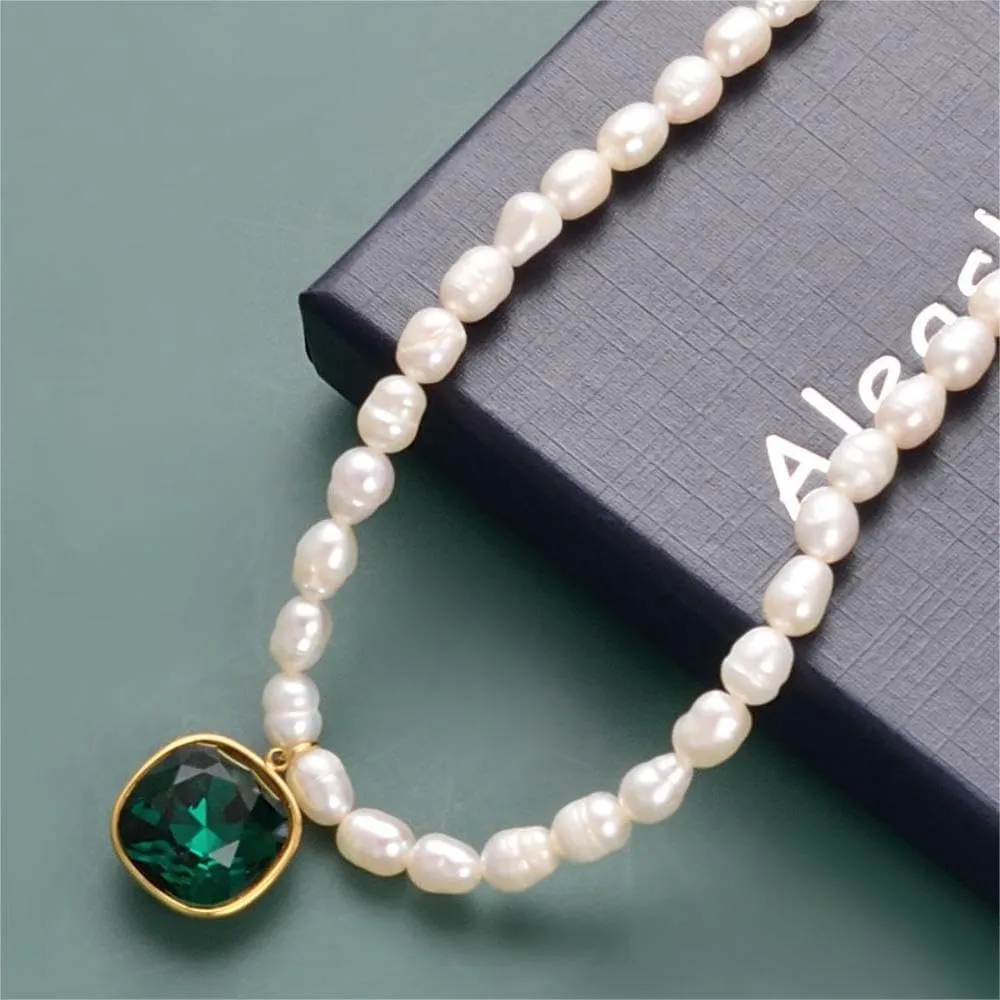 Freshwater Cultured Pearl Necklace Green Aventurine Blue Turquoise Dainty Choker Rice Pearl Strand Stainless Steel Jewelry Gifts