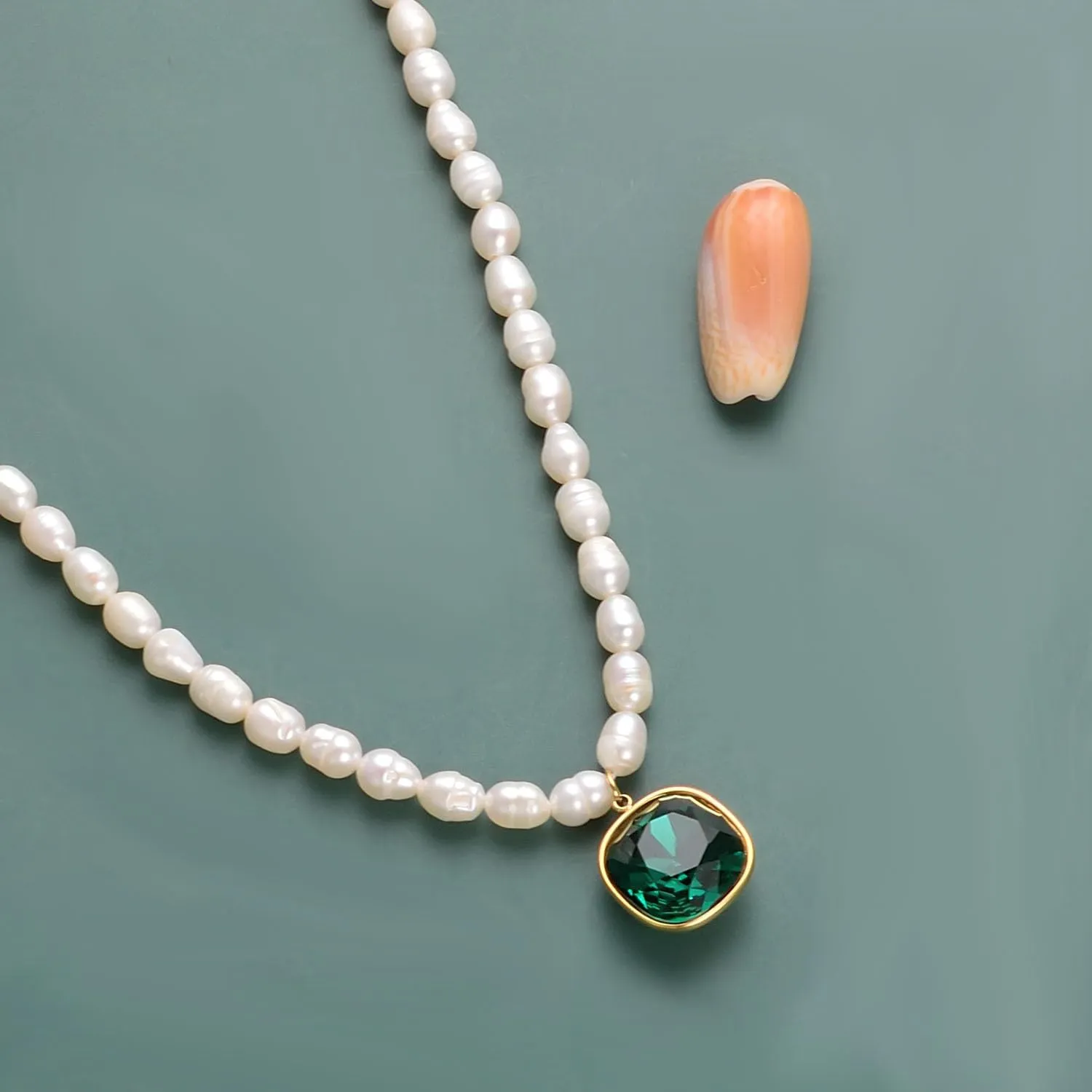 Freshwater Cultured Pearl Necklace Green Aventurine Blue Turquoise Dainty Choker Rice Pearl Strand Stainless Steel Jewelry Gifts