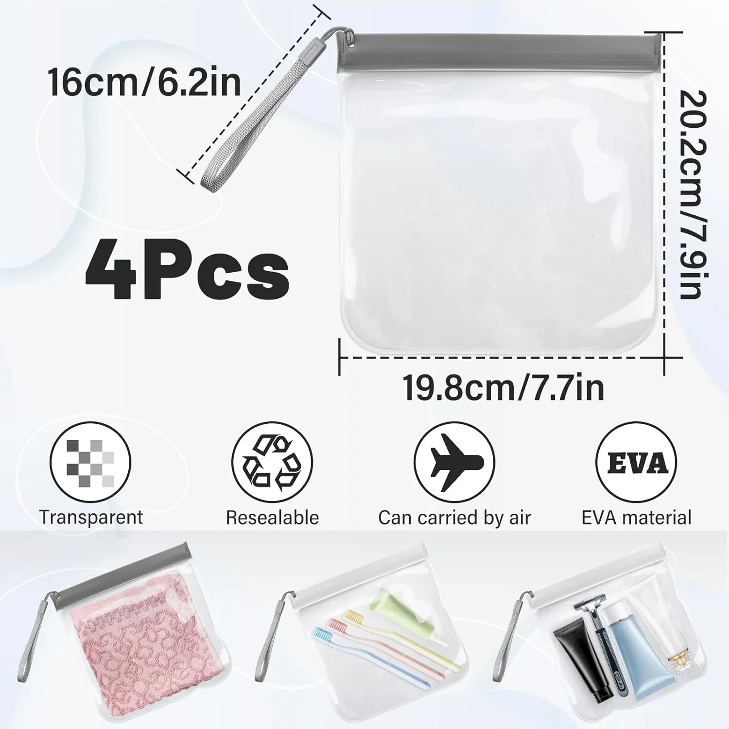 FuninCrea 4 PCS Clear Travel Toiletry Bag, 20 x 20cm Airport Security Sealing Liquid Bag Clear Bag Waterproof Toiletry Bag For Women Men Portable Small Makeup Bag Pouch Travel Essential (White Grey)