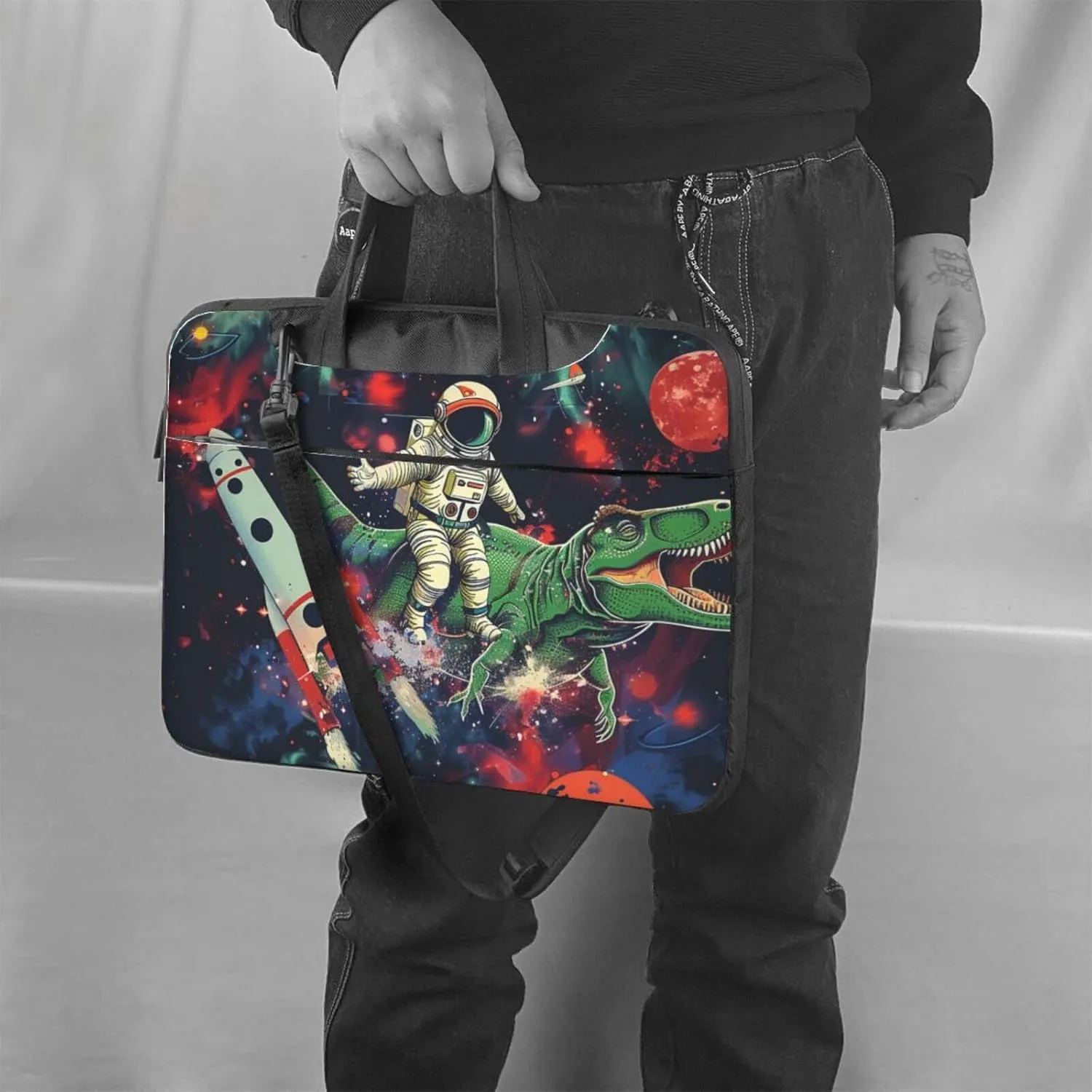 Funny Astronaut Dinosaur Rocket Print Laptop Tote Bag Travel Bag Business Computer Bag Work Bag for Men Women