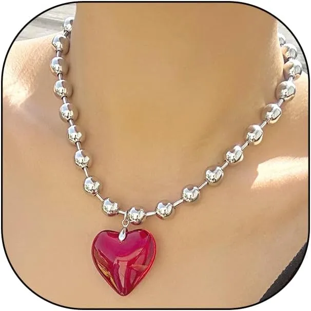 FUTIMELY Puffy Heart Beads Pendant Necklace for Women Chunky Transparent Glass Love Beaded Clavicle Chain Y2k Aesthetic Choker Charm Jewelry Gift Accessories