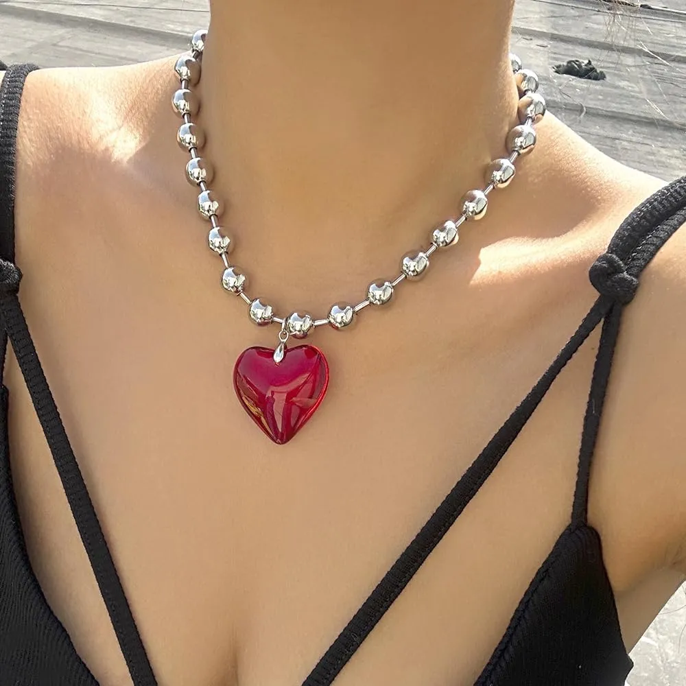FUTIMELY Puffy Heart Beads Pendant Necklace for Women Chunky Transparent Glass Love Beaded Clavicle Chain Y2k Aesthetic Choker Charm Jewelry Gift Accessories