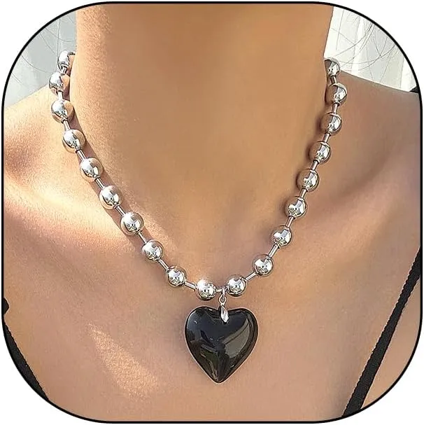 FUTIMELY Puffy Heart Beads Pendant Necklace for Women Chunky Transparent Glass Love Beaded Clavicle Chain Y2k Aesthetic Choker Charm Jewelry Gift Accessories