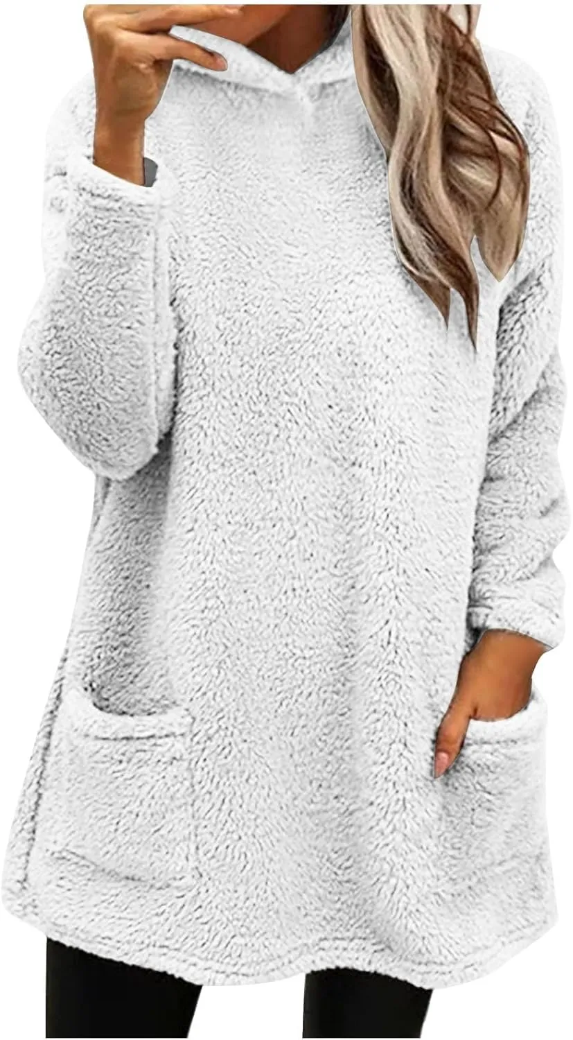 Fuzzy Fleece Hoodies For Women Cozy Warm Sherpa Hooded Pullover Tops Oversized Loose Soft Sweatshirt Loungewear