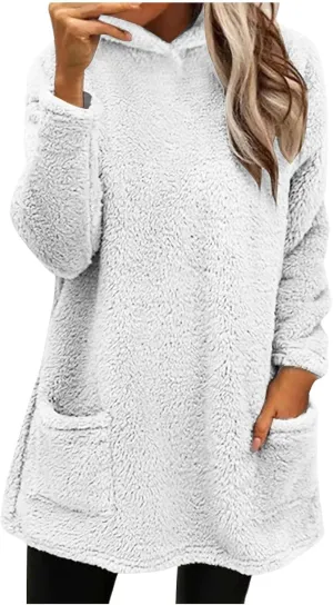 Fuzzy Fleece Hoodies For Women Cozy Warm Sherpa Hooded Pullover Tops Oversized Loose Soft Sweatshirt Loungewear