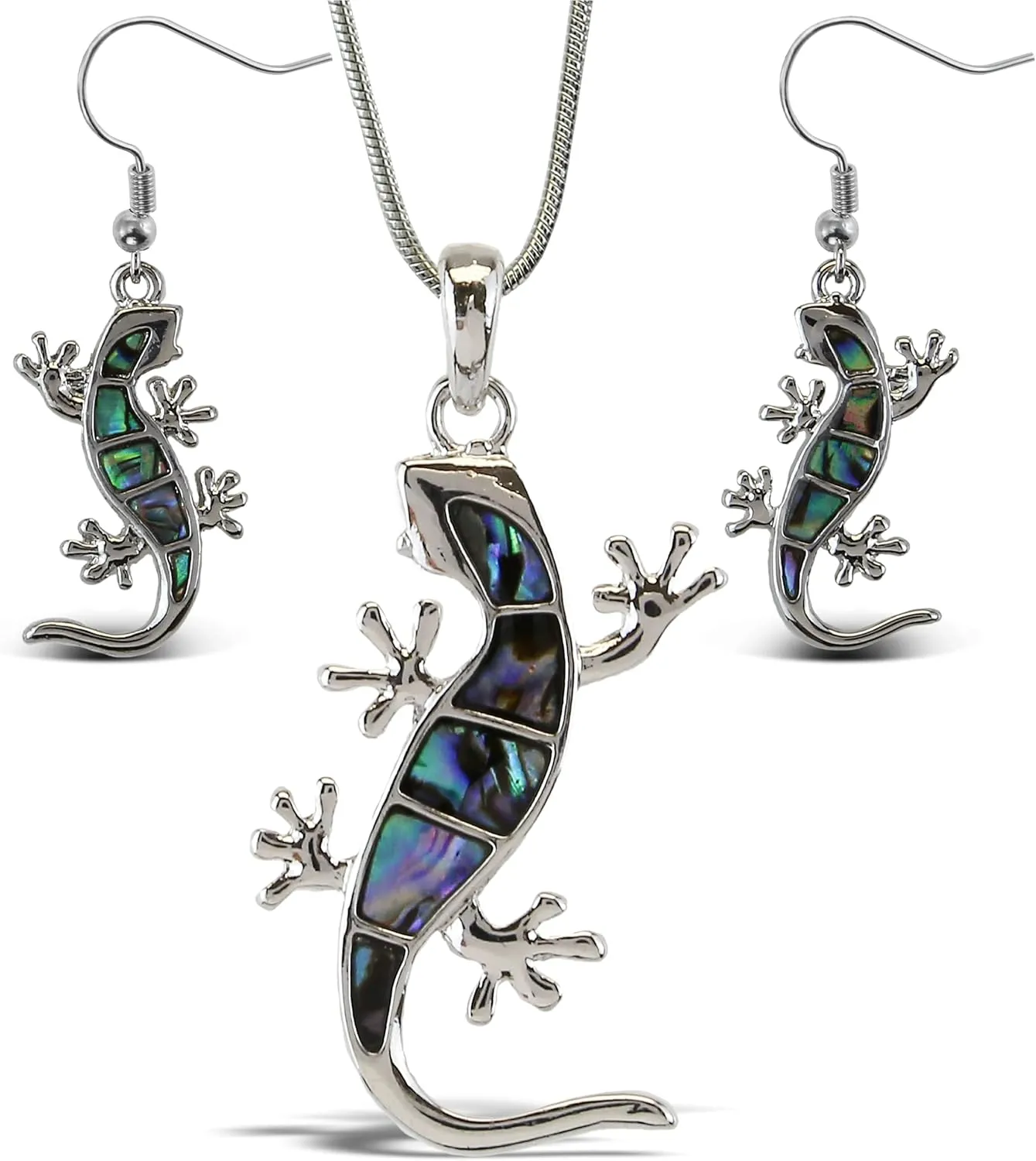 Gecko Necklace & Earrings Jewelry Set - Silver Pendant with Snake Chain Necklace & Dangle Hook Earrings Made with Natural Paua Abalone Shell - 18 Inch