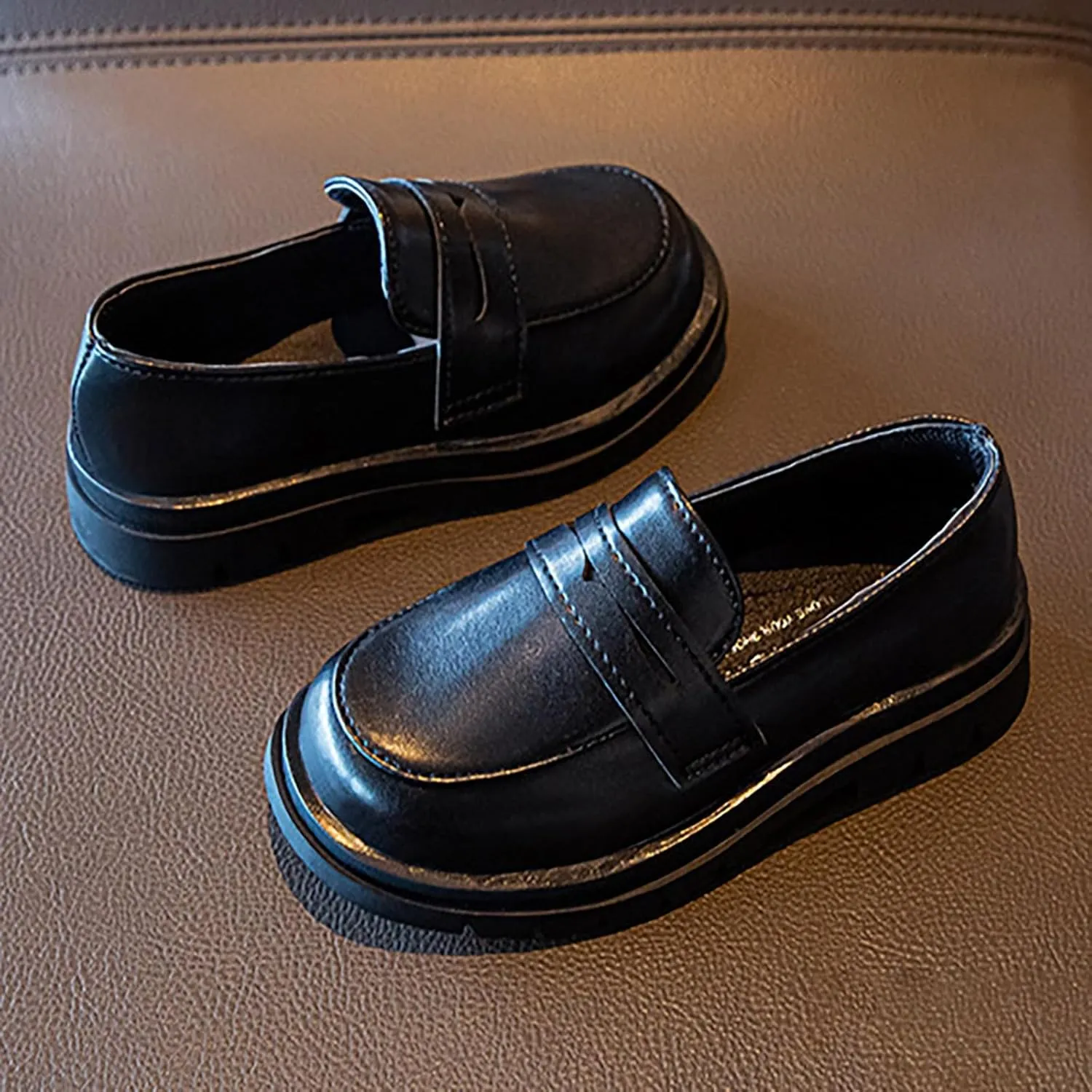 Generic Girls Platform Loafers Solid Color Slip on Leather Shoes School Unform Dress Shoes Non Slip Comfortable Shoes