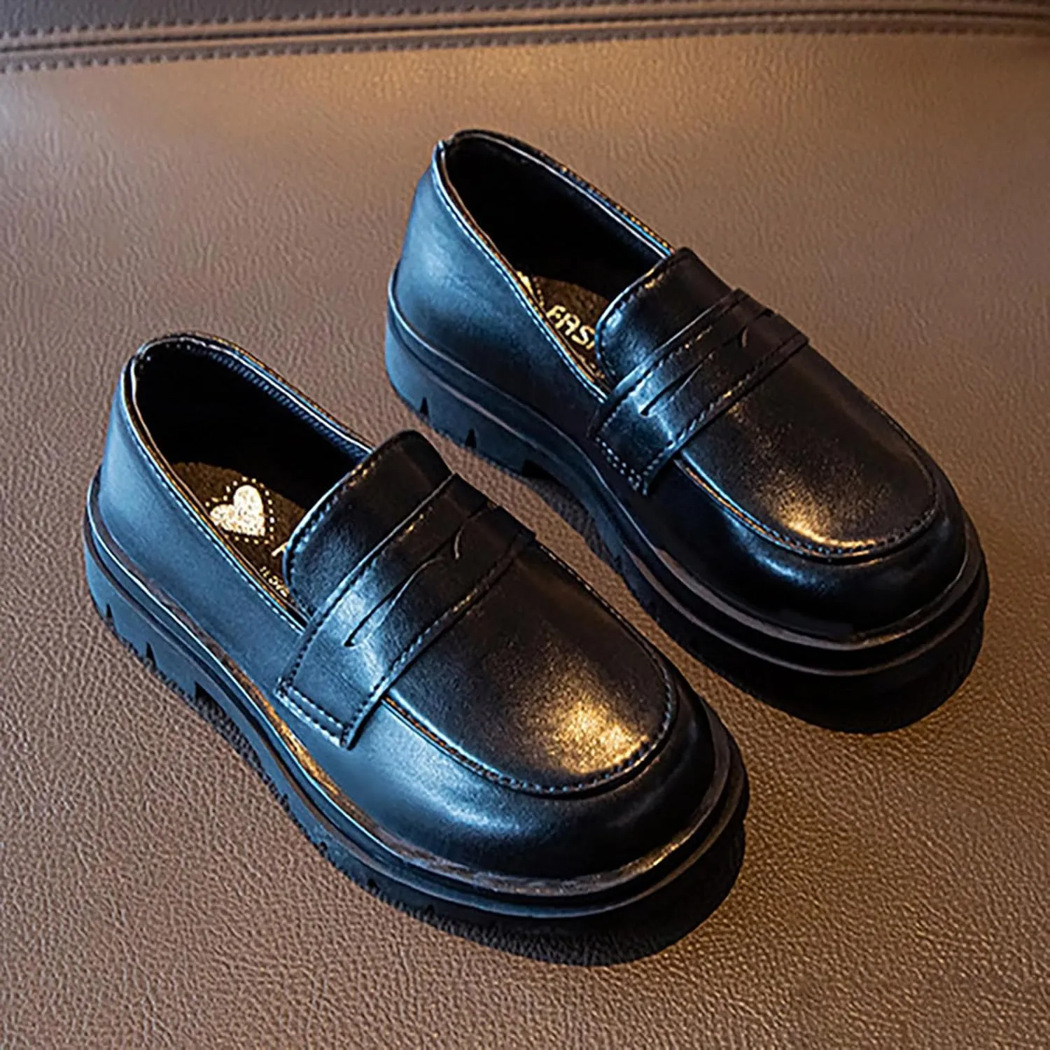 Generic Girls Platform Loafers Solid Color Slip on Leather Shoes School Unform Dress Shoes Non Slip Comfortable Shoes