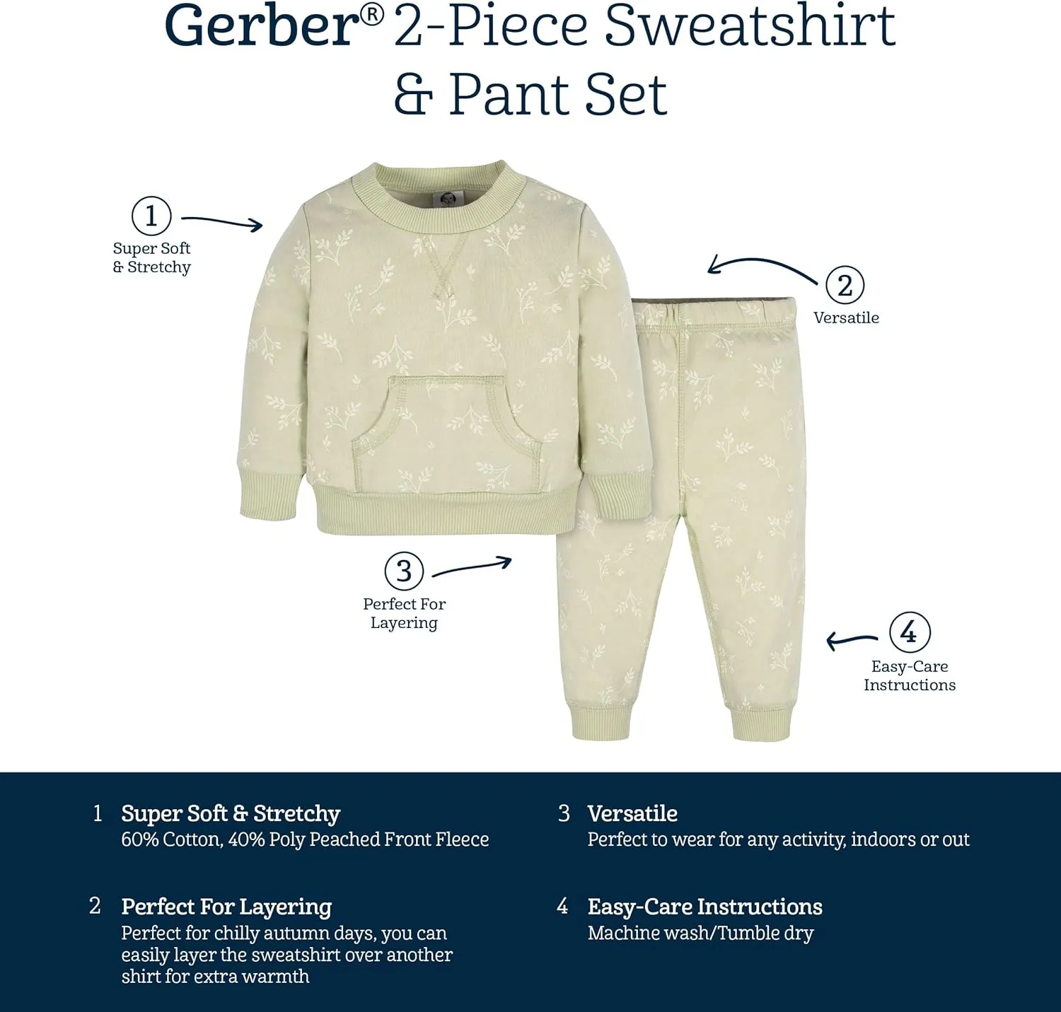 Gerber Baby Girls' Toddler 2-piece Fleece Sweatshirt and Jogger Set