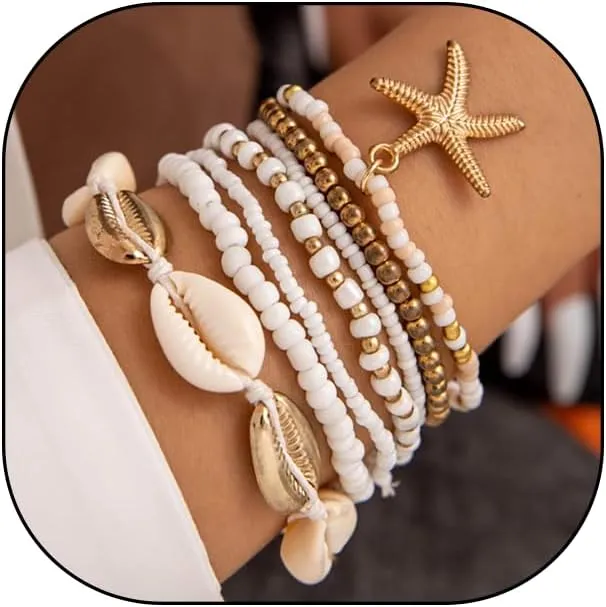 GIGB PBDK Boho Shell Beaded Bracelet Set for WomenFashion Layered Statement Chunky Tail Bracelet Adjustable Golden Starfish Rice Beads Beach Jewelry