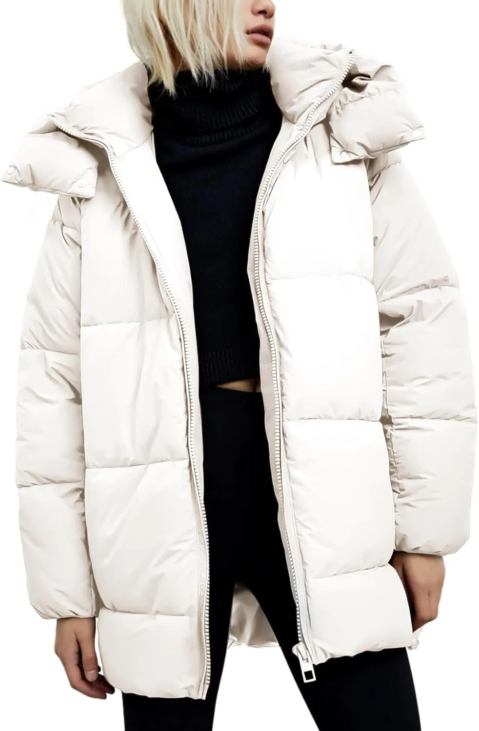 Gihuo Womens Quilted Puffer Coat Hoodie Winter Oversized Mid-Length Padded Down Jacket Warm Heavyweight Bubble Outerwear
