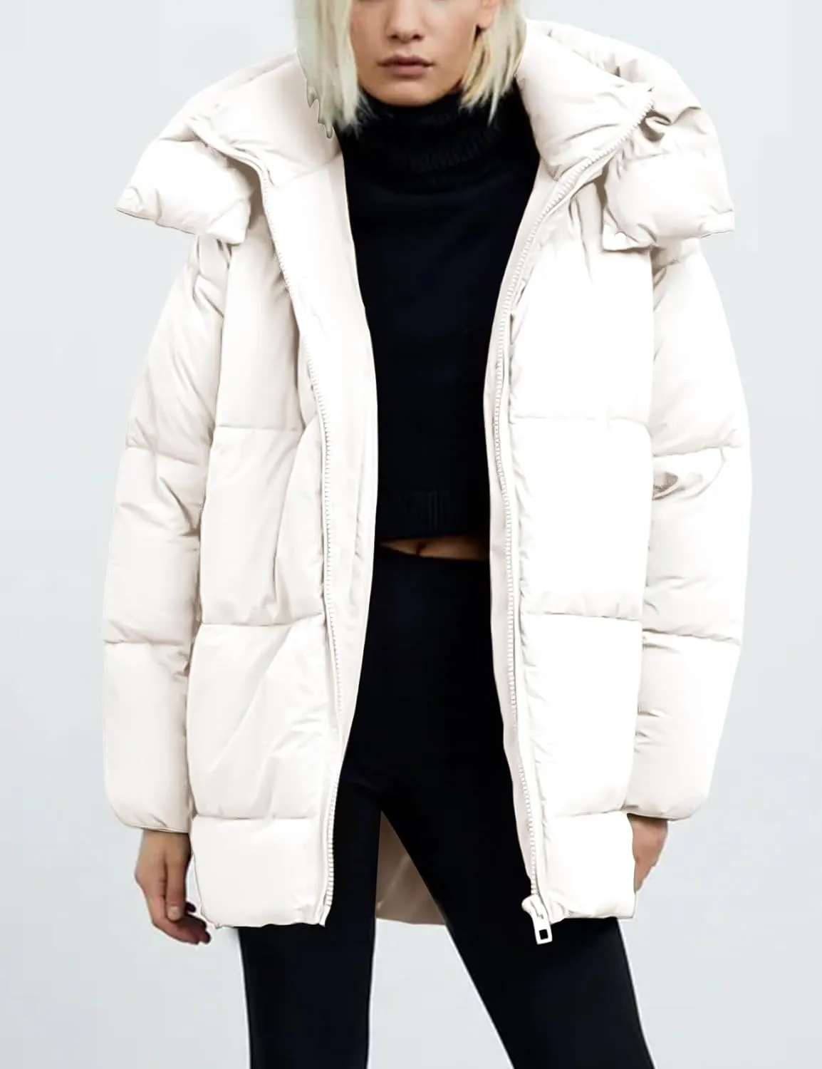 Gihuo Womens Quilted Puffer Coat Hoodie Winter Oversized Mid-Length Padded Down Jacket Warm Heavyweight Bubble Outerwear