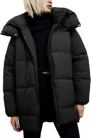 Gihuo Womens Quilted Puffer Coat Hoodie Winter Oversized Mid-Length Padded Down Jacket Warm Heavyweight Bubble Outerwear