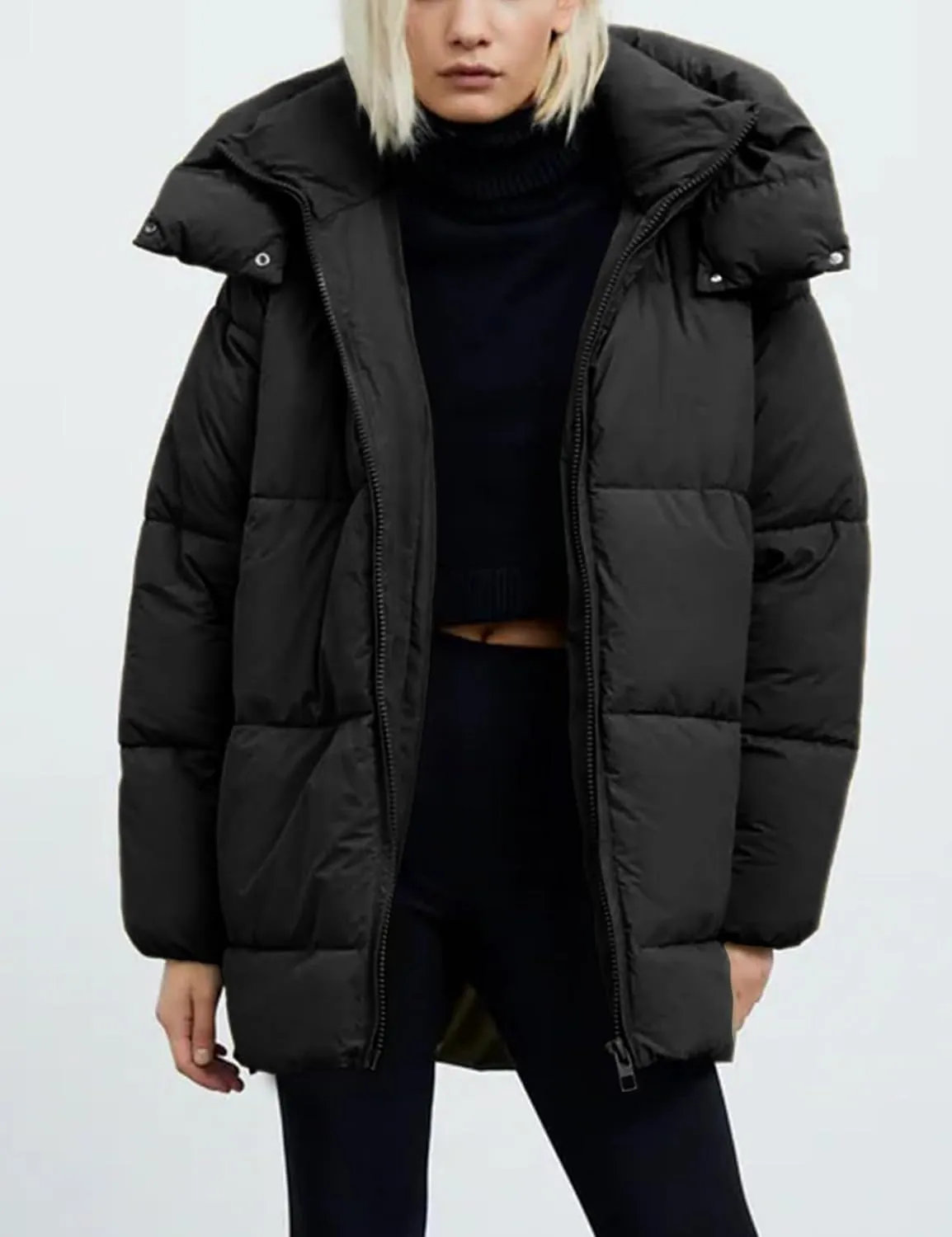 Gihuo Womens Quilted Puffer Coat Hoodie Winter Oversized Mid-Length Padded Down Jacket Warm Heavyweight Bubble Outerwear