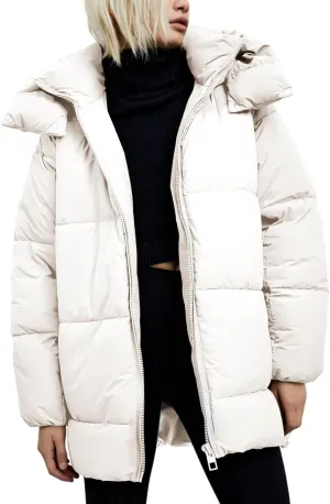 Gihuo Womens Quilted Puffer Coat Hoodie Winter Oversized Mid-Length Padded Down Jacket Warm Heavyweight Bubble Outerwear