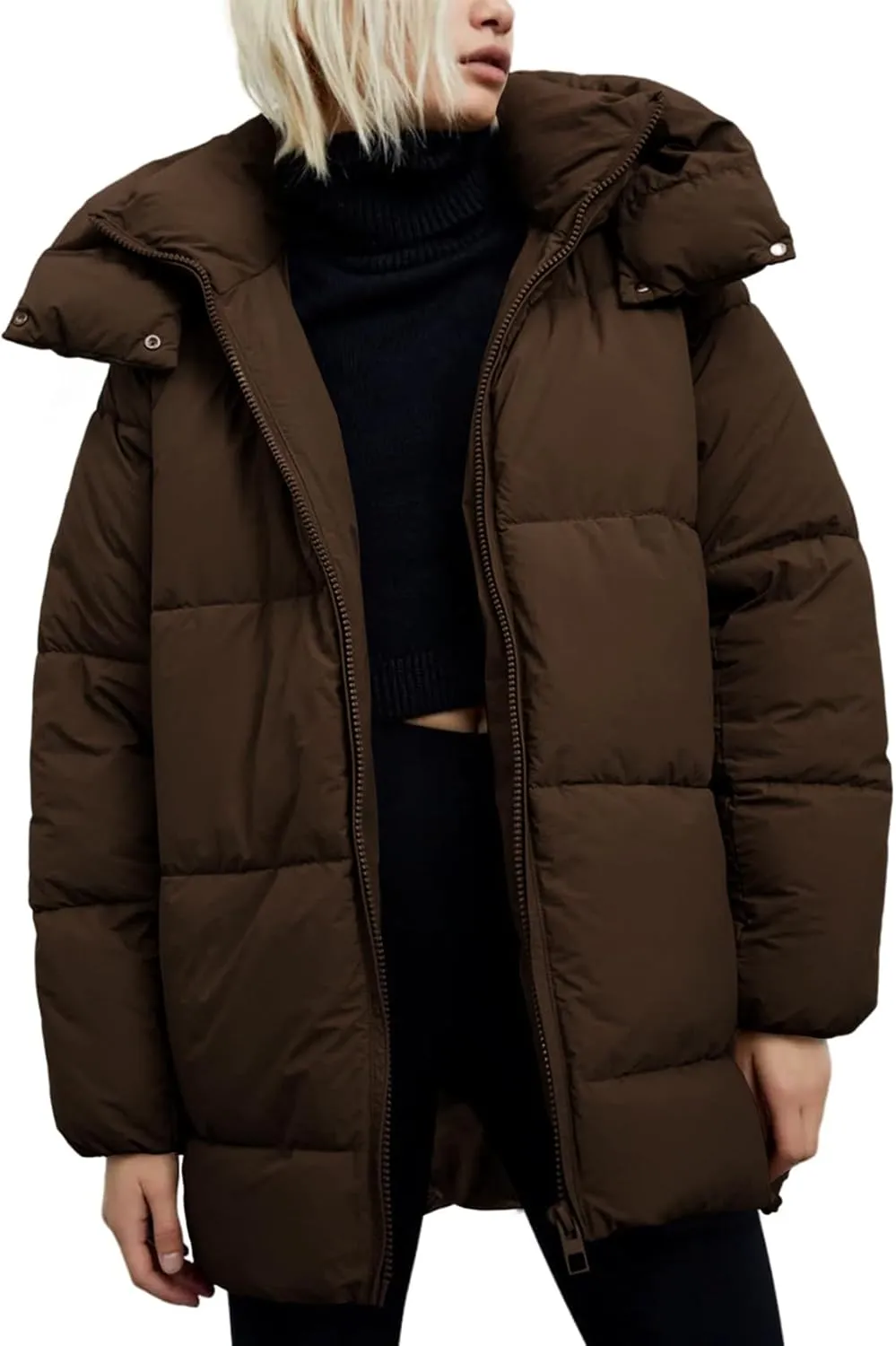 Gihuo Womens Quilted Puffer Coat Hoodie Winter Oversized Mid-Length Padded Down Jacket Warm Heavyweight Bubble Outerwear
