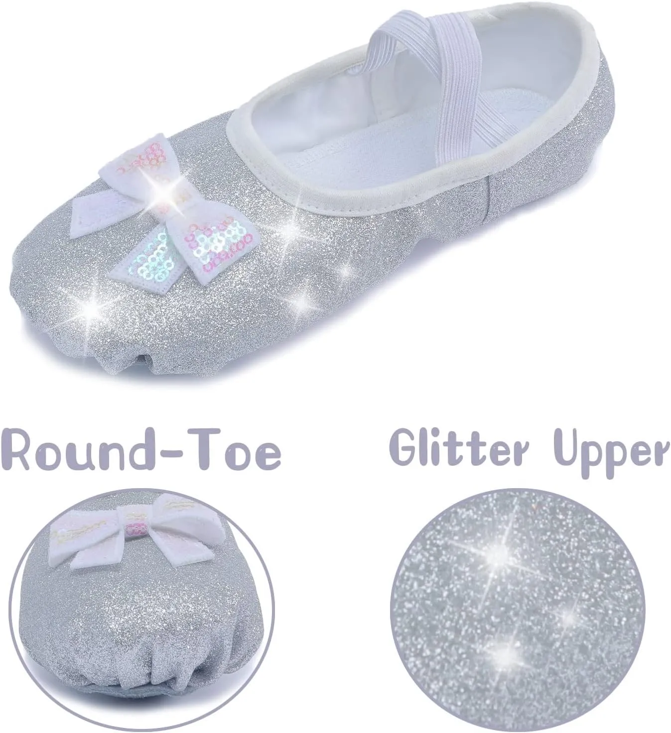 Girls Ballet Shoes Glitter Split-Sole Dance Slippers Toddler Kid Practice Shoes Flats Soft Lightweight with Elastic Laces for Performance Gymnastics Yoga