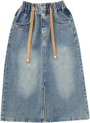 Girls Denim Skirts High Elastic Waist A-line Flare Jean Skirt, Kids Stretch Long Skirts with Pockets Vintage Clothes