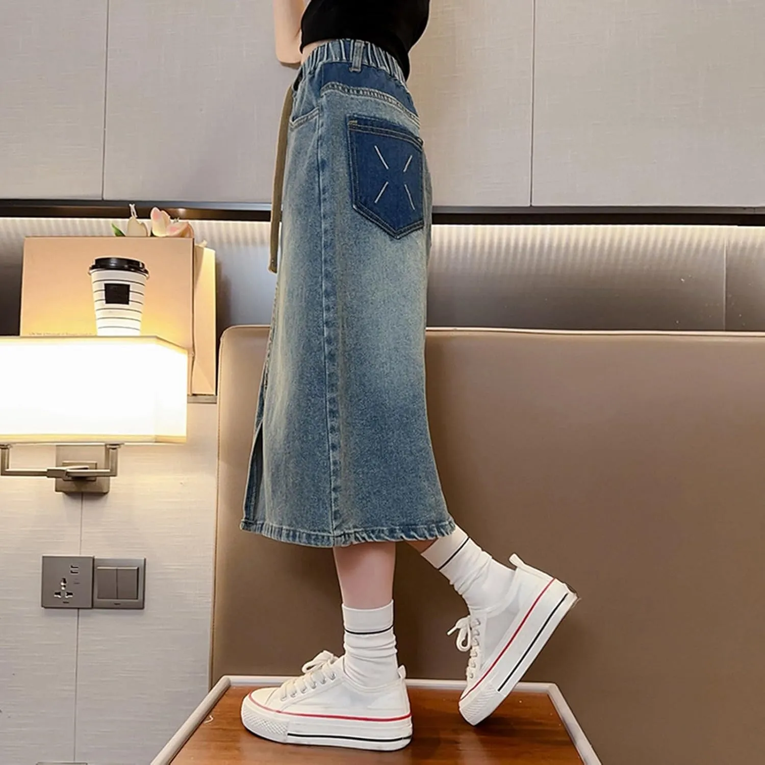 Girls Denim Skirts High Elastic Waist A-line Flare Jean Skirt, Kids Stretch Long Skirts with Pockets Vintage Clothes
