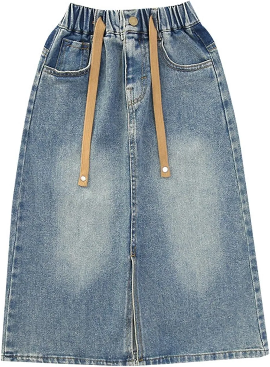 Girls Denim Skirts High Elastic Waist A-line Flare Jean Skirt, Kids Stretch Long Skirts with Pockets Vintage Clothes