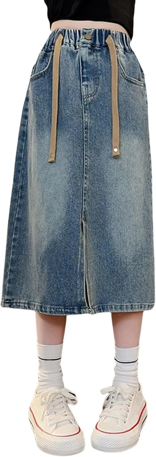 Girls Denim Skirts High Elastic Waist A-line Flare Jean Skirt, Kids Stretch Long Skirts with Pockets Vintage Clothes