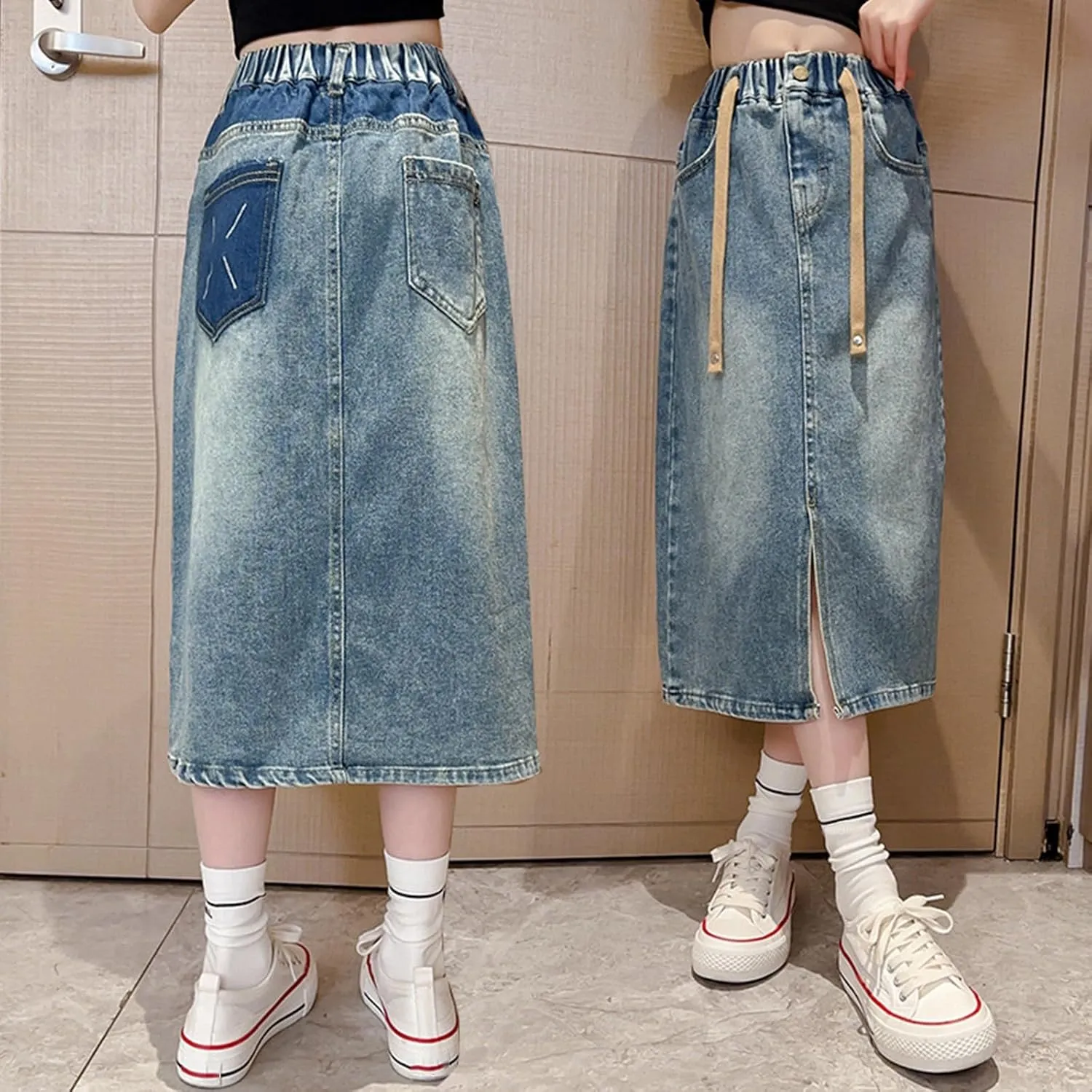Girls Denim Skirts High Elastic Waist A-line Flare Jean Skirt, Kids Stretch Long Skirts with Pockets Vintage Clothes