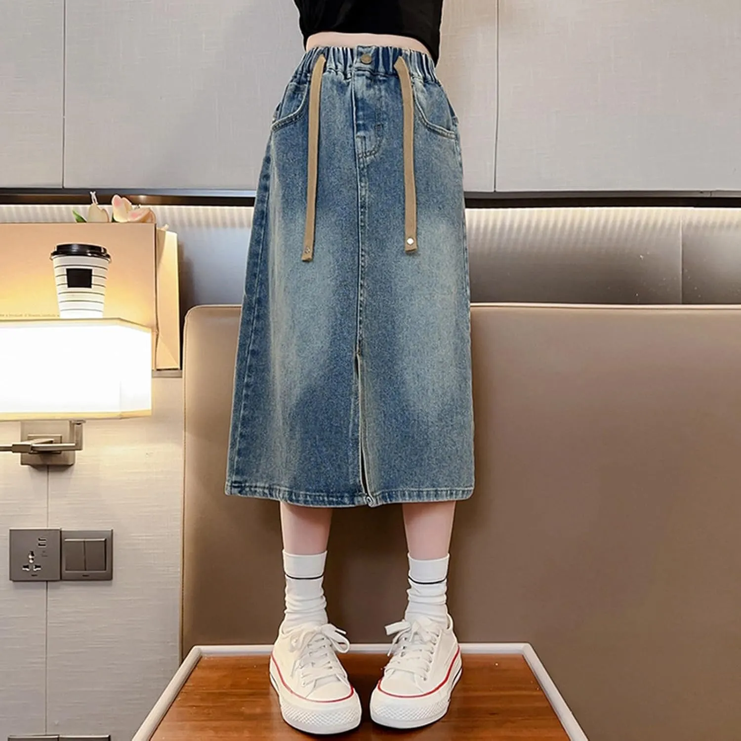 Girls Denim Skirts High Elastic Waist A-line Flare Jean Skirt, Kids Stretch Long Skirts with Pockets Vintage Clothes