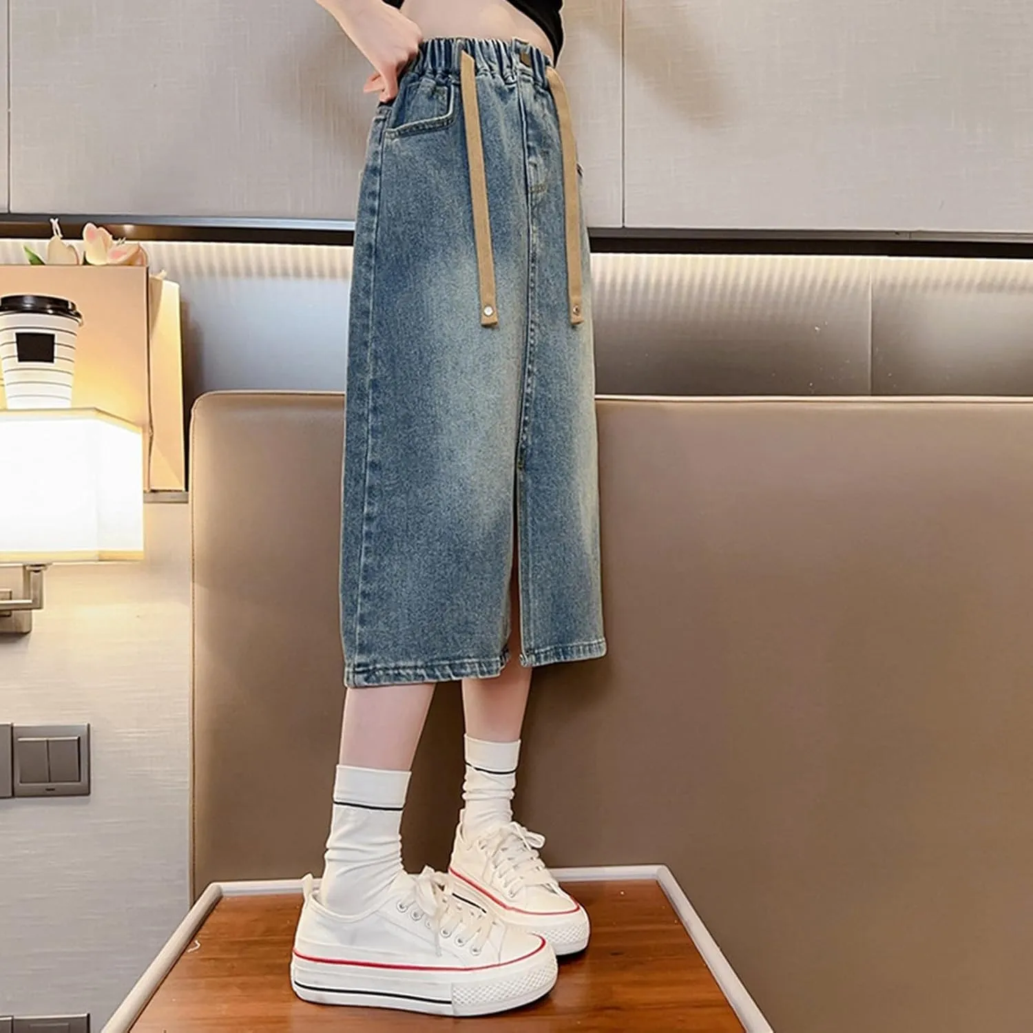 Girls Denim Skirts High Elastic Waist A-line Flare Jean Skirt, Kids Stretch Long Skirts with Pockets Vintage Clothes