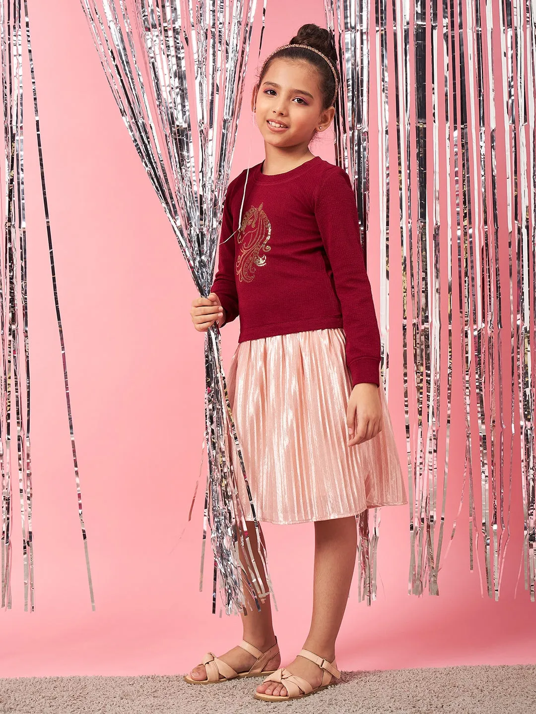 Girls Embellished Pleated A-Line Dress
