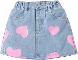 Girl's Heart Pattern High Waist A Line Skirt Casual Regular Fit Short Denim Skirts