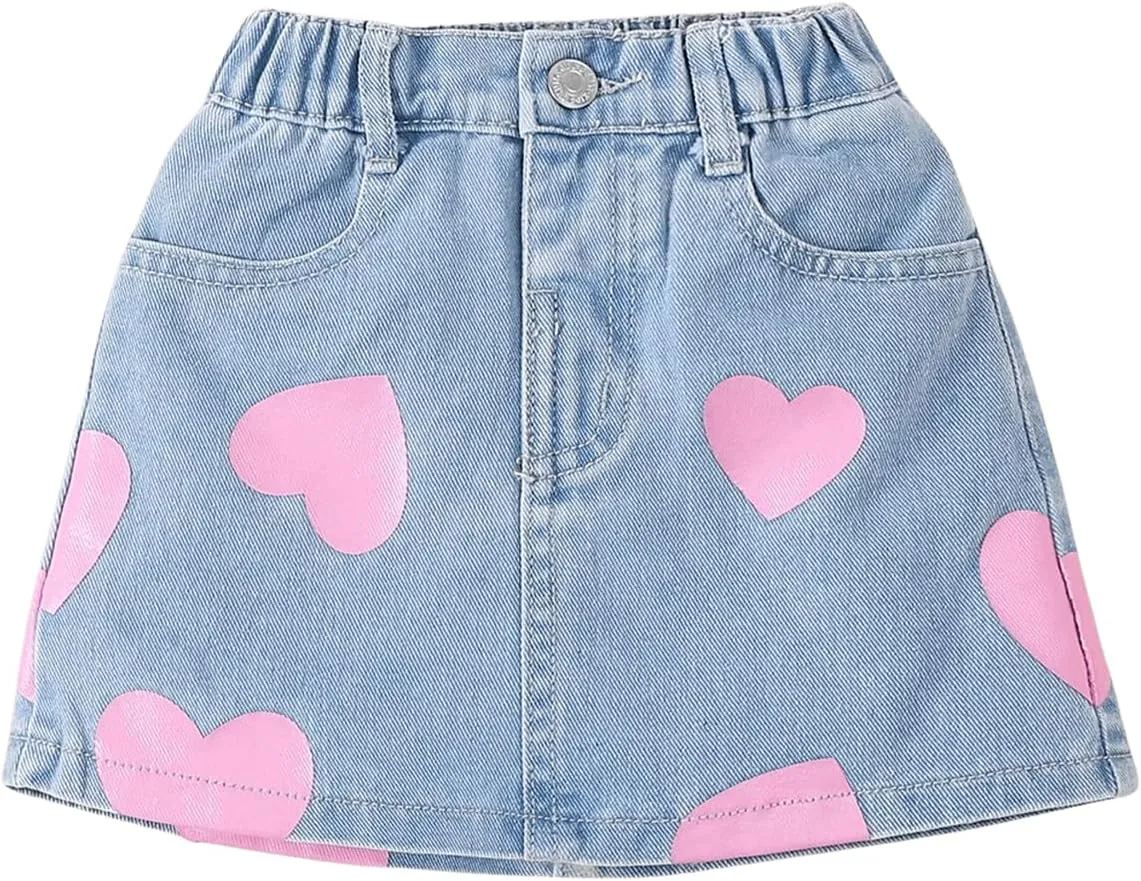 Girl's Heart Pattern High Waist A Line Skirt Casual Regular Fit Short Denim Skirts
